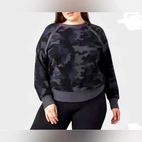 Prana Womens Sweatshirt Size 1X Camouflage Cozy Up Black Gray Crewneck Camo - Picture 1 of 15